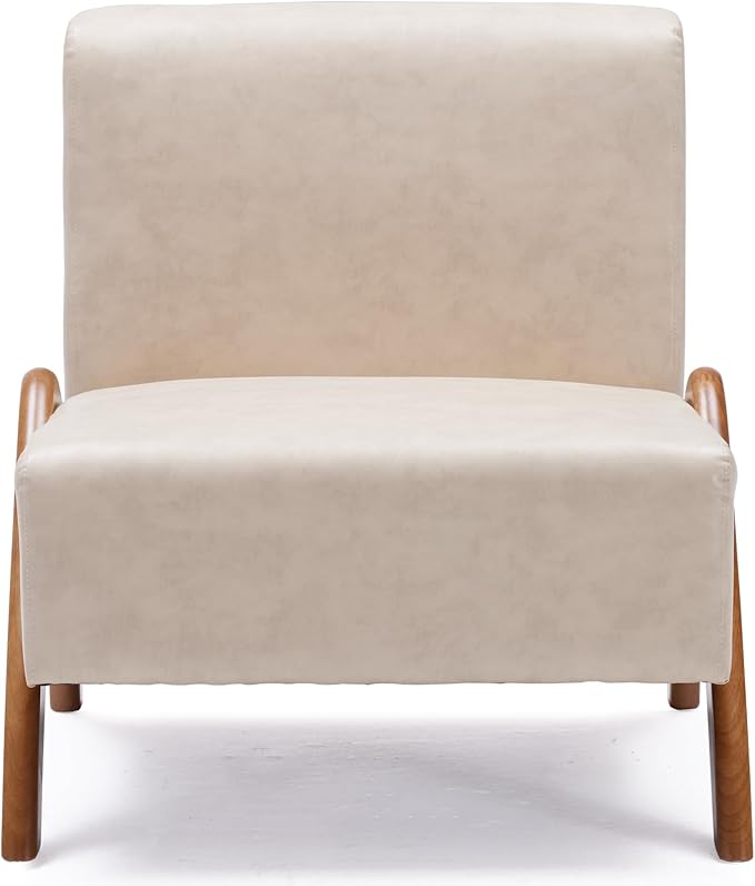 Oversized Accent Chair, upholstered armless mid Century Modern Living Room Chair with Wooden Legs for Bedroom/Office/Cafe, Faux Leather Ivory