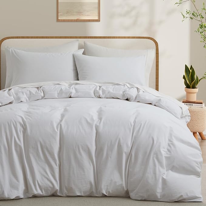 LOVQUE 100% Washed Cotton Duvet Cover King Size, Linen-Like Textured White Fade-Resistant Bedding Set (No Comforter), 104x90 Inches