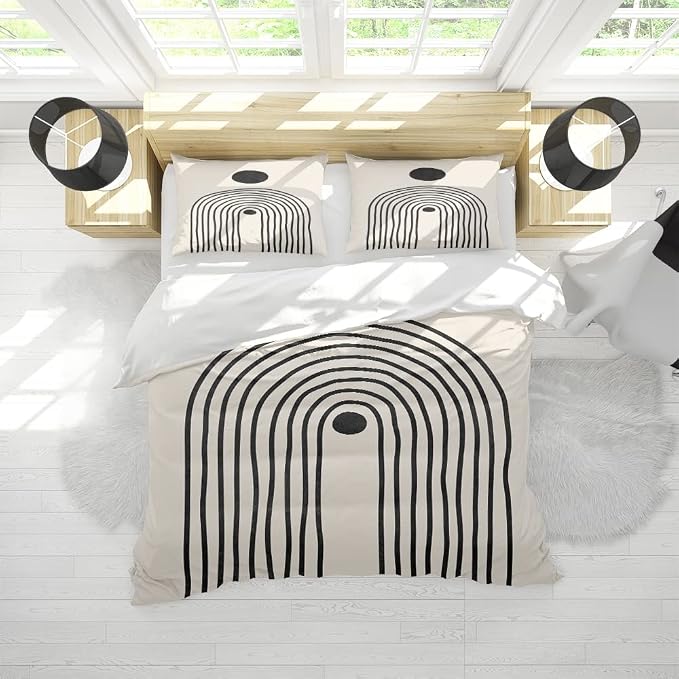 Black Beige Mid Century Modern Duvet Cover Set Twins Size 1 Duvet Cover 2 Pillowcases Abstract Geometric Black Sun Art Boho Comforter Cover Microfiber Soft Bedding Sets with 2 Pillowcover