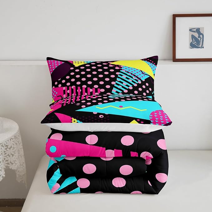 Manfei Memphis Comforter Set Twin Size, Retro 80s or 90s Fashion Style Quilt Set with 1 Pillowcase, Geometric Triangle Circle Bedding Set 2pcs for Kids Boy Girls Lightweight Duvet Insert