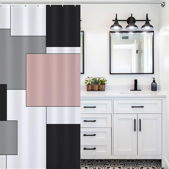 Retro Geometric Shower Curtain,Pink Black Modern Geometry Minimalist Neutral Design Bathroom Curtain Polyester Waterproof Fabric Decor 66x72in（168x183cm）