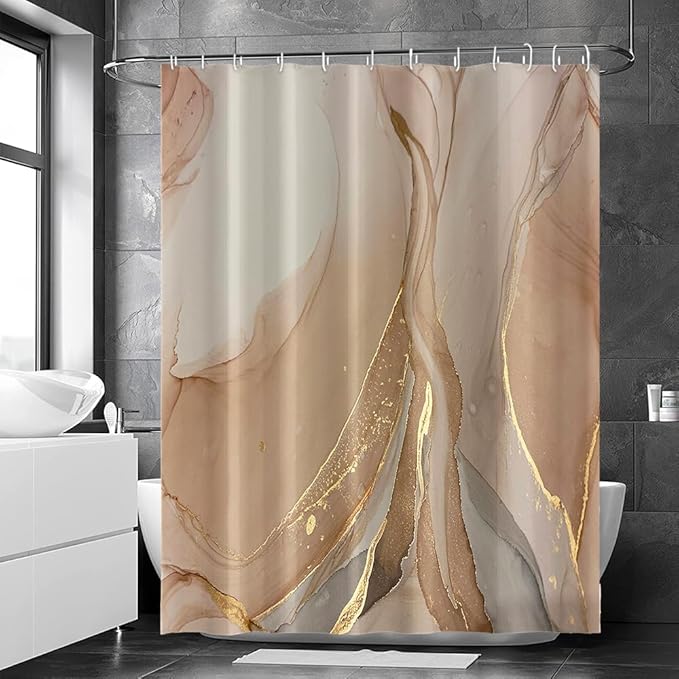 Brown Shower Curtain, Modern Brown Gold Grey Marble Shower Curtain for Bathroom Aesthetic Ink Texture Waterproof Shower Curtain Set with Hooks, 72x72 Inch