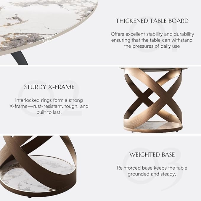 POVISON 51" Modern Round Dining Table with Lazy Susan, White Round Kitchen Table for 4, Sintered Stone Dining Room Table top with Bronze X Carbon Steel Base (Dining Table Only)
