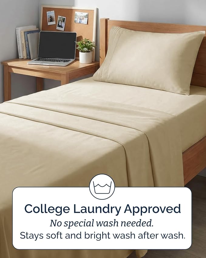 Twin XL Size 3 Piece Sheet Set - Comfy Breathable & Cooling Sheets - Hotel Luxury Bed Sheets for Women & Men - Deep Pockets, Easy-Fit, Extra Soft & Wrinkle Free Sheets - Beige Oeko-Tex Bed Sheet Set