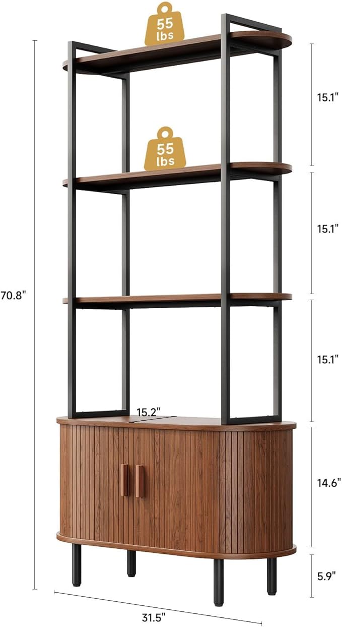 4 Tier Tall Bookshelf with Cabinet, Fluted Bookcase with Sliding Door, Metal and Wood Display Shelf, Free Standing Storage Shelving Unit, Corner Storage Organizer for Living Room, Home Office, Walnut