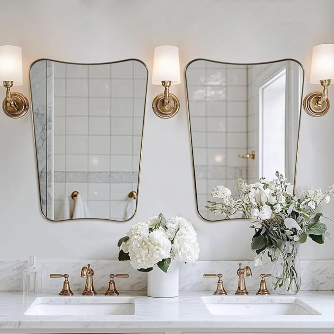 MIRRORTART Contemporary Gold Bathroom Mirrors, 22x30'' Brass Asymmetrical Scalloped Butterfly Rectangle Mirror in 1'' Stainless Steel Metal Frame for Home Decor Wall Mounted Vertical Only