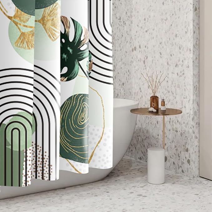 Mid Century Boho Shower Curtain Green Palm Gold Ginkgo Leaf Abstract Arch Decorative Bath Curtain 48x72 Inch Polyester Fabric Waterproof Aesthetics Bathroom Curtain with Hooks