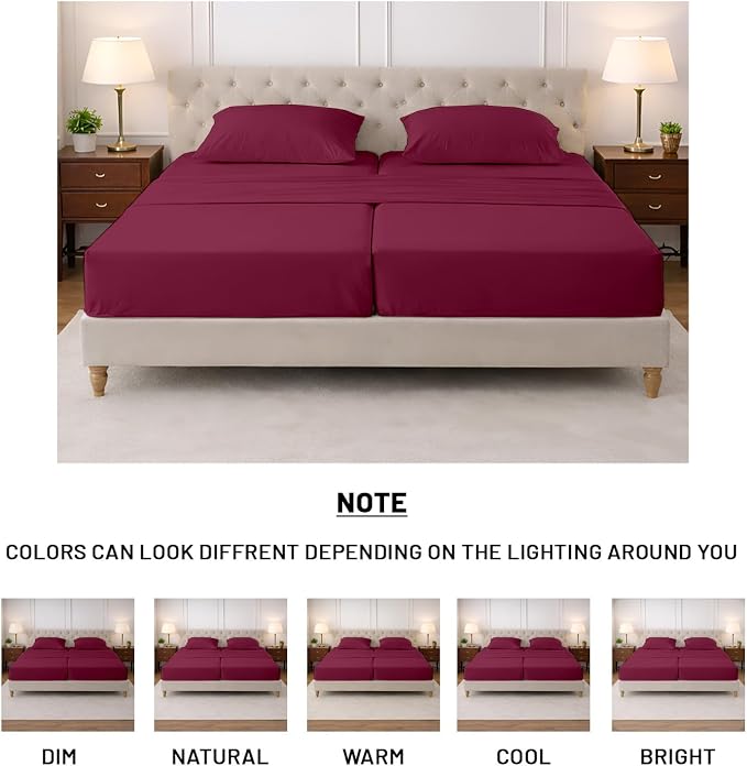 SGI Split King Sheet Set for Adjustable Bed Egyptian Premium Cotton 600 Thread Count Sheets for Sleep Number Bed 15" Deep Pocket 5 Pc Set with 2 Twin XL Fitted Sheets Soft Breathable -Burgundy