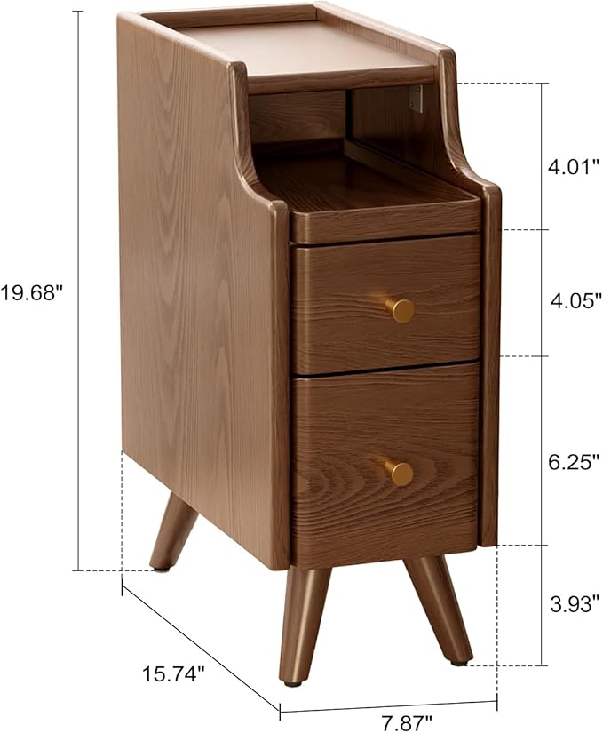 AQIMUELE Small Nightstand with Drawers, Solid Wood Bedside Table, Narrow Walnut Nightstand for Bedroom