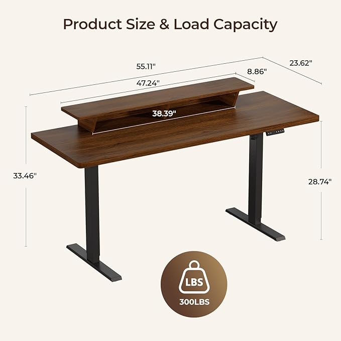 55 x 24 Inches Electric Standing Up Desk with Monitor Shelves,Height Adjustable Computer Desk from 28-46''with Memory Controller,Modern Home Office Desk for Work,Study,Walnut