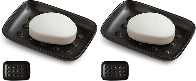 Soap Dish, Ceramic Soap Holder Shower Soap Dish for Bar Soap Sponge, Soap Saver Tray for Bathroom Kitchen Sink, Black (Pack of 2)