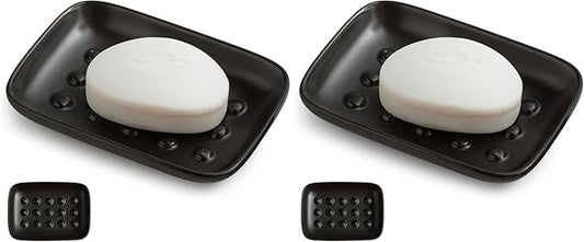 Soap Dish, Ceramic Soap Holder Shower Soap Dish for Bar Soap Sponge, Soap Saver Tray for Bathroom Kitchen Sink, Black (Pack of 2)