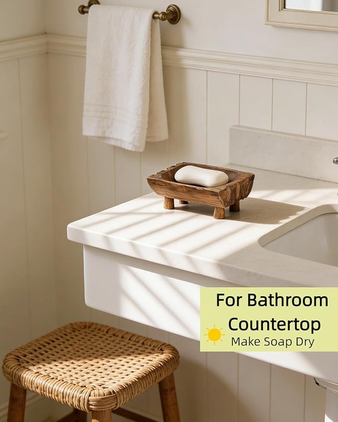 Large Rustic Teak Wood Soap Holder, Farmhouse Wooden Soap Dish,Decorative Bathroom Shower Soap Holder, Handmade Kitchen Countertop Soap Stand with Draining Holes