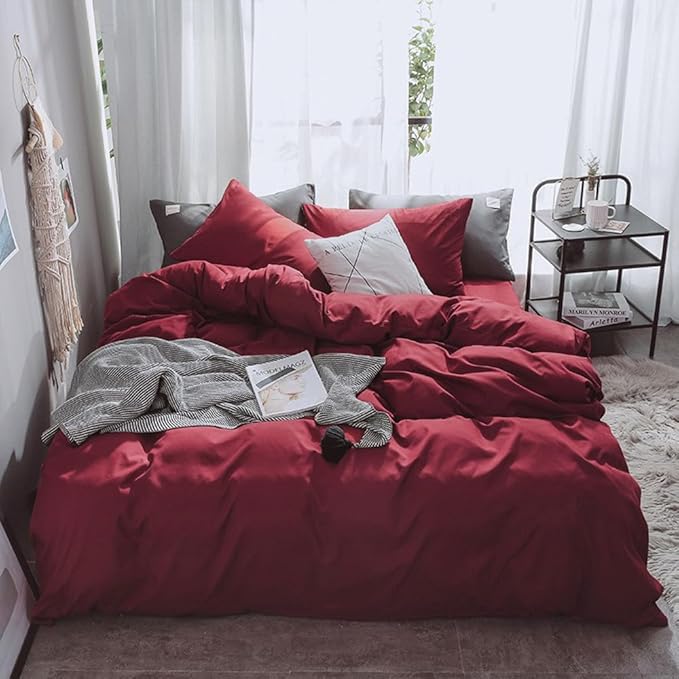 Pureant Burgundy Comforter Sets Full Size Wine Red Bedding Comforters Solid Dark Color Quilts Cotton Women Girls Luxurious Plain Claret Red Quilt Soft Crimson Bedding Noble Bordeaux Bed