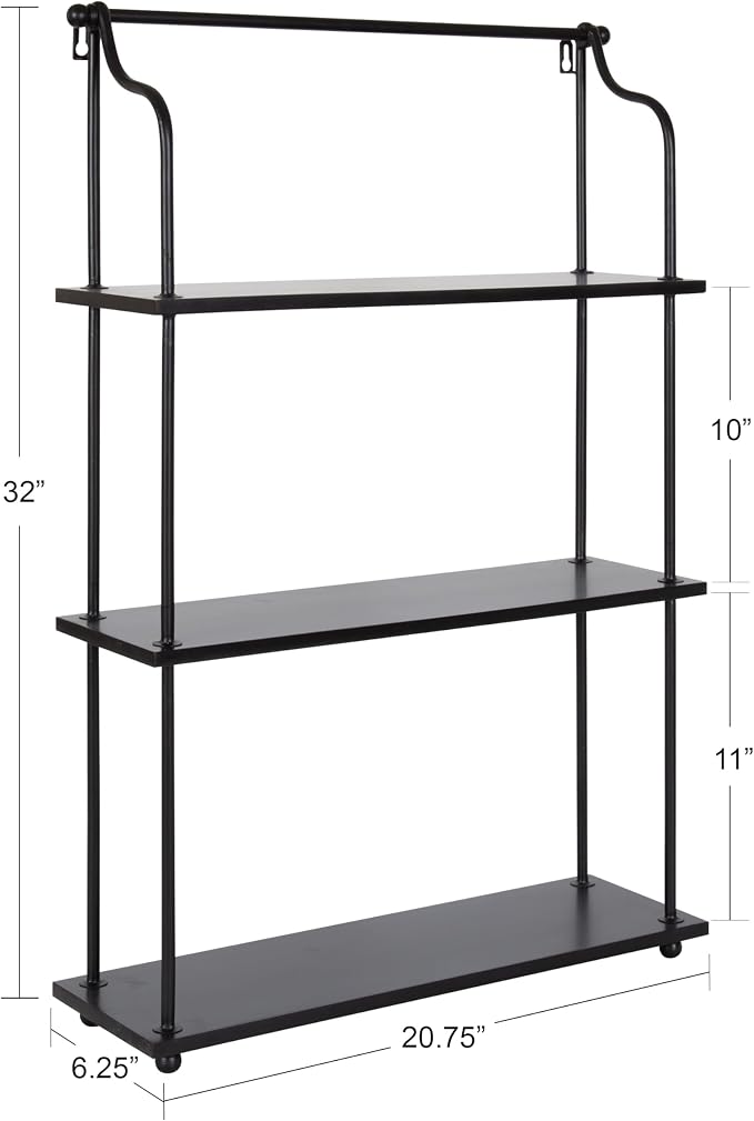 Kate and Laurel Walters Modern 3-Tier Hanging Shelf; 21 x 32; Black; Decorating Wall Mounted Storage Shelf for Wall
