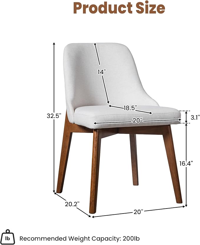 Casaphoria Dining Chairs Set of 2, Mid Century Modern Upholstered Kitchen Chairs with Solid Wood Legs, Ergonomic Accent Side Chair for Living Room, Desk, Bedroom and Vanity, Beige and Walnut