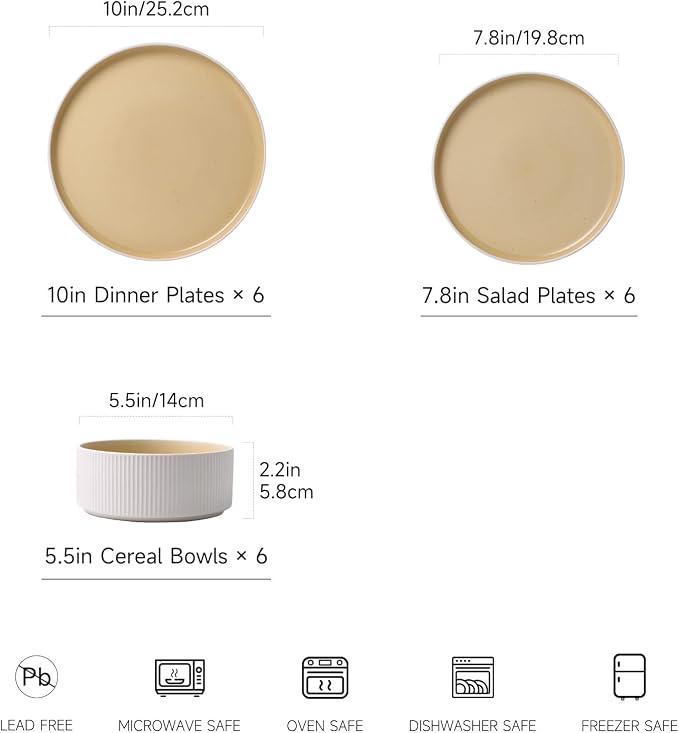 MONITO Ceramic Dinnerware Sets for 6, 18PCS Stoneware Plates and Bowls Sets, Reactive Glaze Dish Set, Chip and Scratch Resistant Double, Microwave and Dishwasher Safe, White Orange