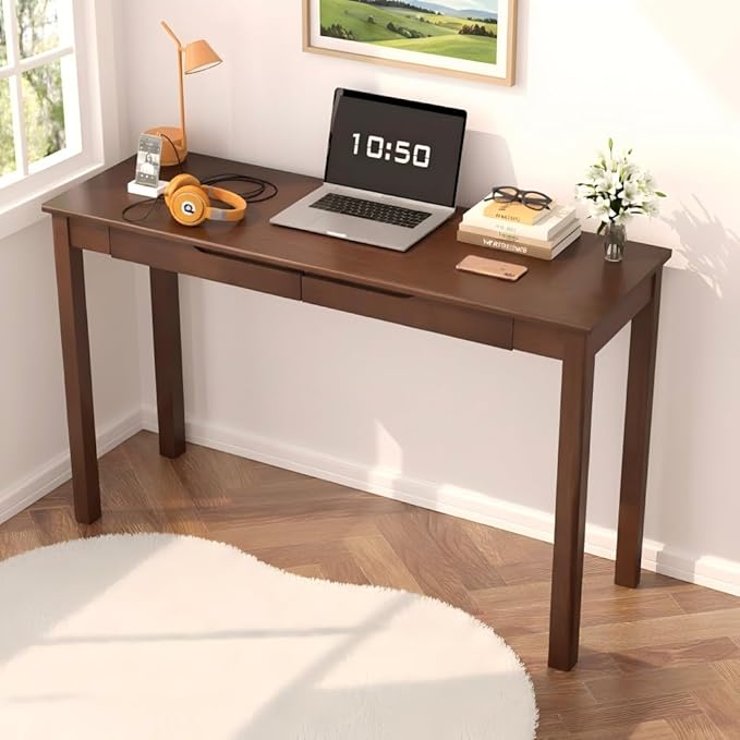 100% Solid Wood Desk with 2 Drawers, 47" Wooden Mid Century Modern Desk, Vintage Writing Desk Computer Table for Home, Office, Bedroom, Living Room