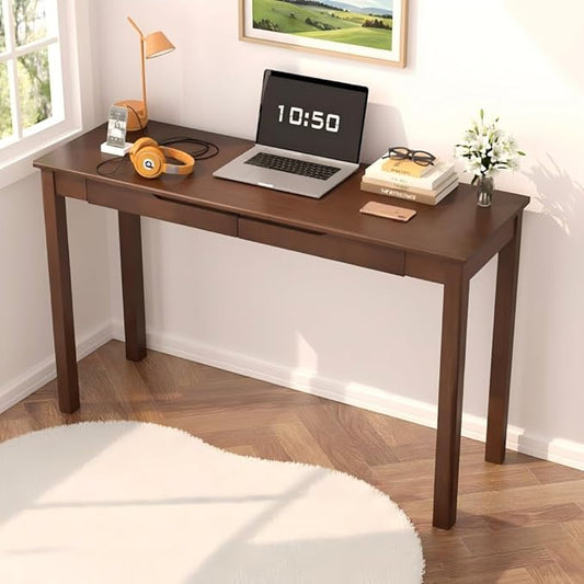 100% Solid Wood Desk with 2 Drawers, 47" Wooden Mid Century Modern Desk, Vintage Writing Desk Computer Table for Home, Office, Bedroom, Living Room