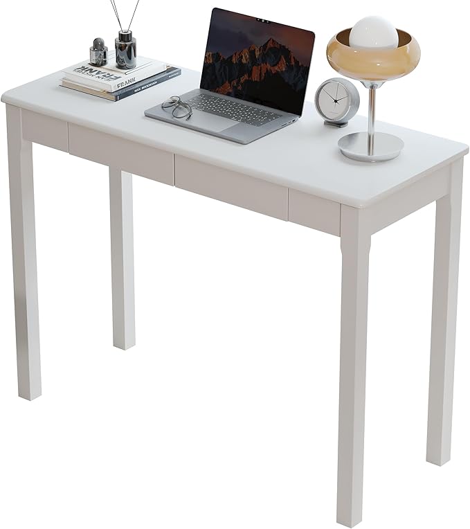 Solid Wooden Desk with Drawers - 39 x 16 Inch Modern Narrow Desks, Rubberwood Simple Study Table, Small Writing Desk for Bedroom|Small Spaces - White Desks