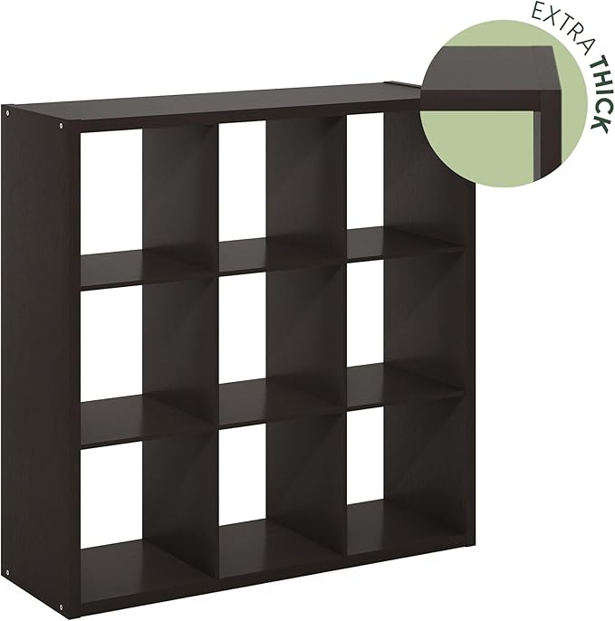 Furinno CUBICLE Book Shelf, 9-Cube Bookshelf, Extra Thick Frame Reversible Bookcase with Open Back, 14.6" x 44" x 44", for Living Room, Bedroom, Home Office, Black Dark Oak
