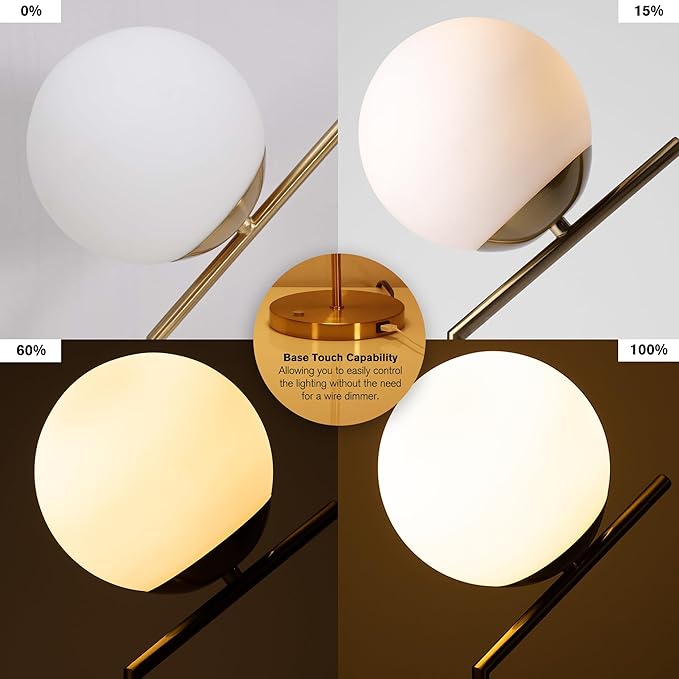 Ozarke Touch Glow Mid Century Modern Control Globe Table Lamp with USB Charging Port for Home Decor, Bedrooms, Living Room & Office, ETL Listed Dimmable Warm 2700K - Brass Gold