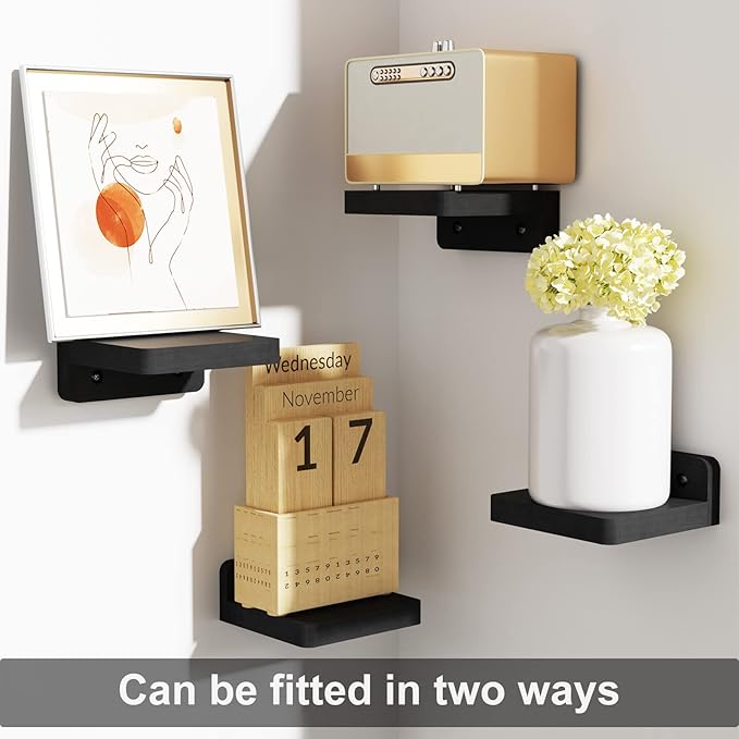 SRIWATANA Small Floating Shelves Wall Mounted, Wood Shelf for Decoration and Storage Set of 4, Mini Display Shelf for Bedroom, Bathroom, Kitchen, Office (Black, 4 inch) (Pack of 2)