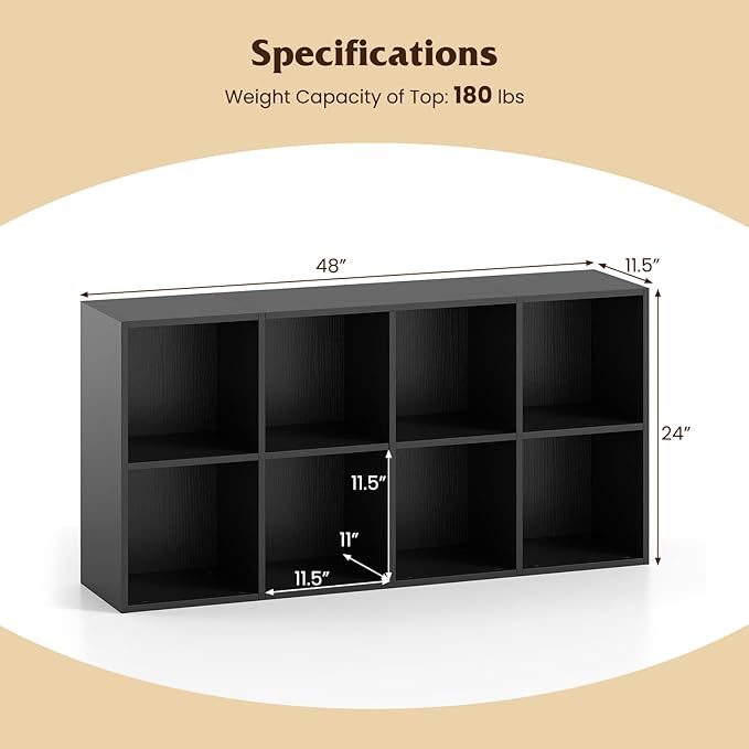 Tangkula 8-Cube Bookcase, Large Floor Standing Horizontal Bookshelf with 8 Open Shelves & 2 Anti-Tipping Kits, Home Office Wooden Storage Book Shelf for Living Room, Study (Black, 8-Cube)