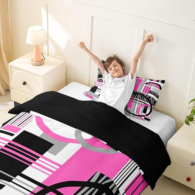 Erosebridal Art Deco Mid Century Duvet Cover Set Retro Modern Abstract Geometric Twin Bedding Sets for Girls Children Boys Black and White Fuchsia Circles Stripes Comforter Cover Contemporary Bed Set