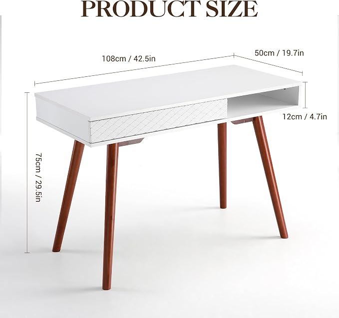 Small White Writing Desk, 42.5 Inch Mid Century Modern Office Desk with Storage, Multifunctional Wooden Study Table Computer Table for Bedroom, Living Room, Home Office