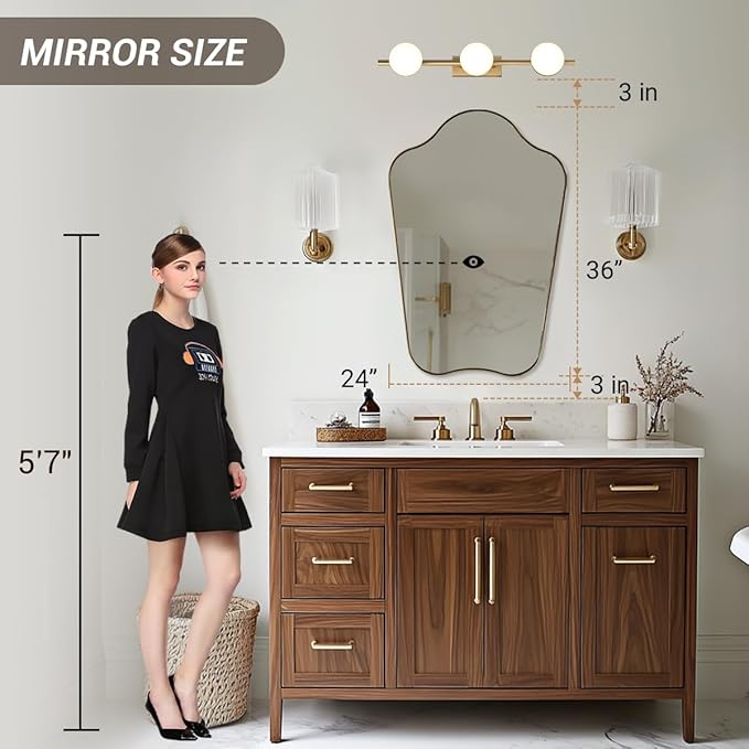 ANDY STAR 24x36 Gold Mirror, Brushed Brass Scalloped Mirror with Curved Design, Irregular Wall Mirror for Bathroom, Vanity, Powder Room, Stainless Steel Frame, Anti-Rust