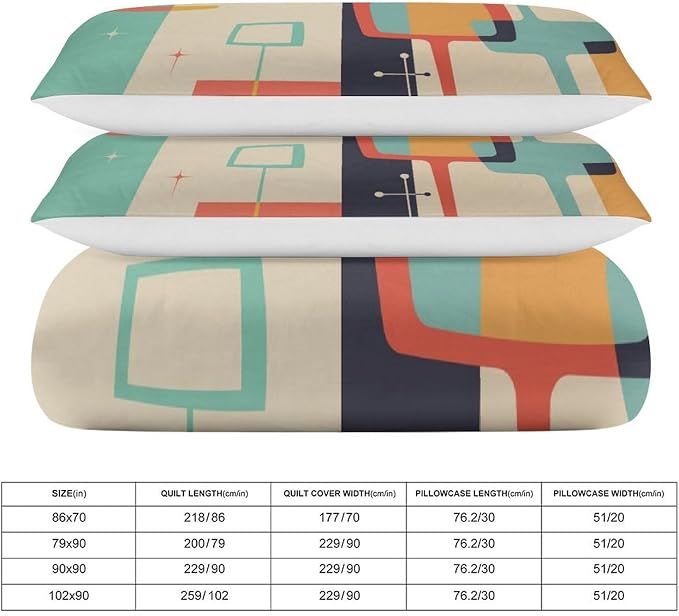 Mid Century Duvet Cover Queen Retro Atomic Bedding Set, Rainbow Grid Comforter Cover Vintage Fifties 1950s Bed Set，Abstract Art Bedding 3 Piece (1 Duvet Cover 102"x90" + 2 Pillow Sham 20"x30")