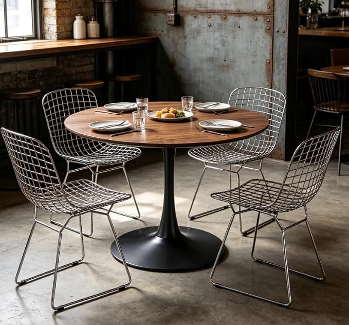Round Tulip Dining Table, Walnut Tulip Table with 0.8" Thickened Tabletop, 42.1 inches Dining Pedestal Table, Tulip Shape Table for Dining Room, Office, Cafe
