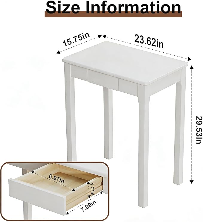 Solid Wood Desk with Drawers - 24 x 16 Inch Simple Narrow Desks, Rubber Wood Study Table, Small Writing Desk for Small Spaces|Bedroom - Modern White Desks
