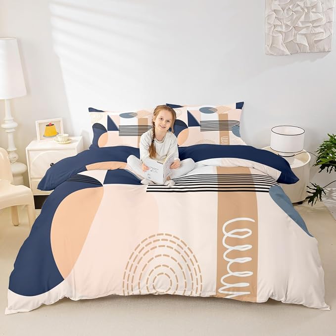 Erosebridal Navy Blue Abstract Duvet Cover King Size for Kids Teens Girls | Colorful Geometric Comforter Cover Minimalist Circle Modern Bedding Set Boho Contemporary Aesthetic Bed Set