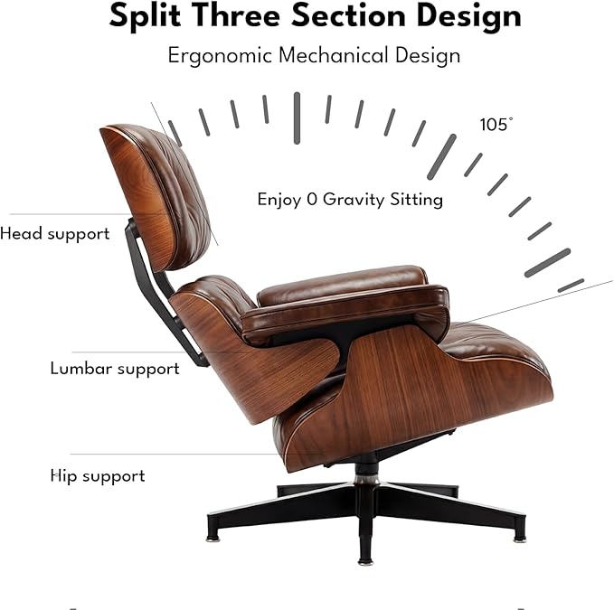 Top Grain Leather, Mid Century Chaise Lounge Chair and Ottoman, Reading Chair, Leather Accent Chair, Modern Chair, Classic Design, for Living Room Lounge Office,Retro Aged Leather, Walnut,Heightening