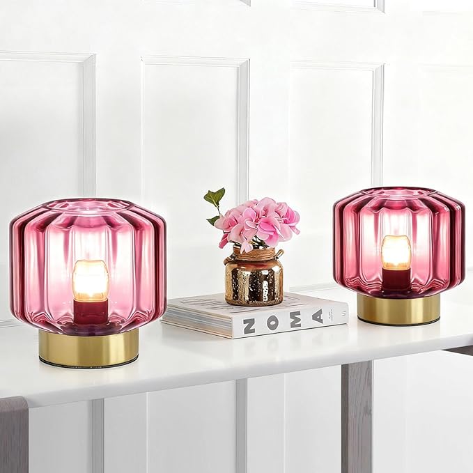 touch Table lamp Gold table lamps Mid Century Modern lamp nightstand lamp small vintage desk lamp metal table lamp with Purple Glass Ribbed shade Bedside table light for end table Bedroom Living Room
