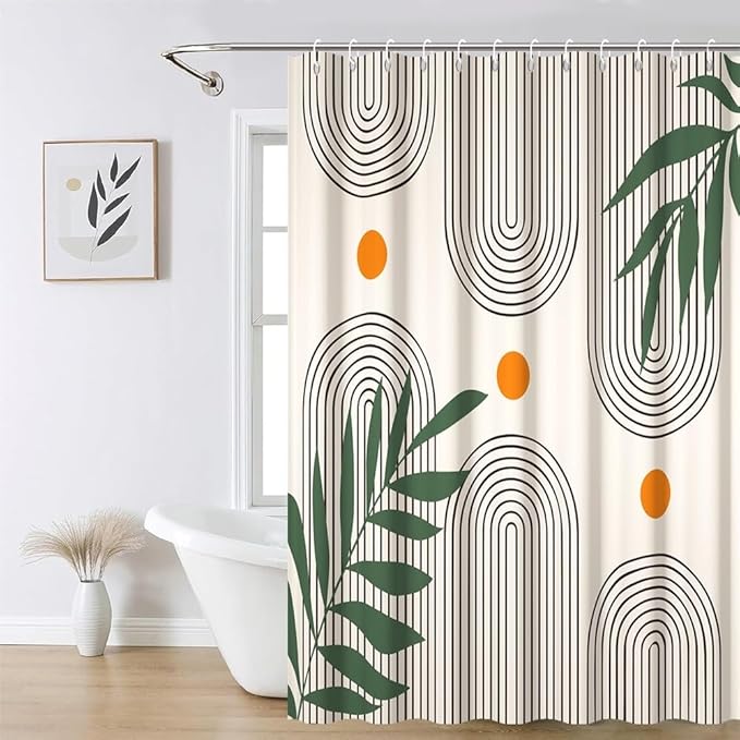 Modern Boho Shower Curtain for Bathroom Beige Abstract Minimalist Bathroom Set Decor Stripes Arch Sun Palm Leaves Chic Aesthetic Washable Waterproof Polyester Fabric with Hooks 65x72 Inch