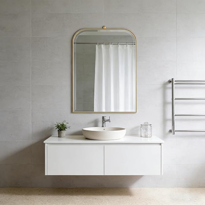 POZINO Brushed Gold Beveled Mirror, 20"x30" Arched Mirror for Over Sink, Rounded Rectangle Mirrors with Stainless Steel Frame, Brass Vanity Wall Mirrors for Bathroom Bedroom Living Room Entryway