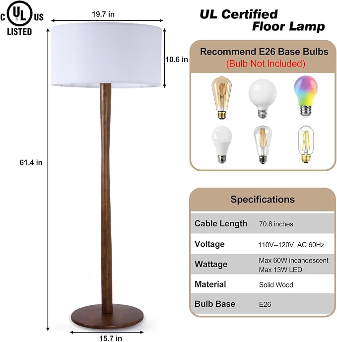 62" Tall Rustic Wood Floor Lamp for Living Room, Farmhouse Walnut Wood Floor Lamps with Linen Shade for Reading, UL Listed Stand Lamps with Woods Base for Bedroom, Corner, Office, White Shade