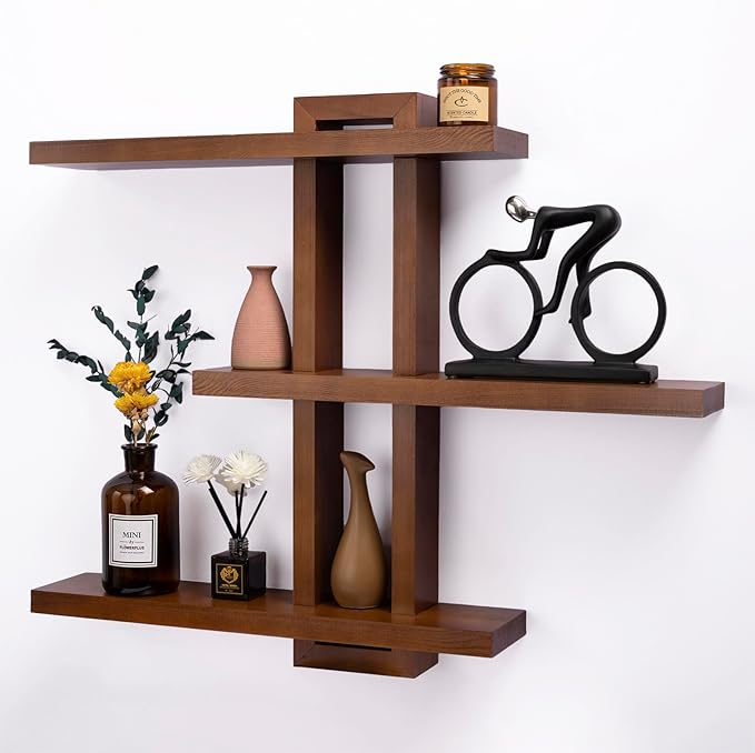 Variable Floating Shelves Wood Set of 3, Cube Wall Mounted Shelves 28.35" Max, Wall Shelves for Living Room Bathroom Bedroom Farmhouse - Light Walnut Color - 28.35" x 23" x 4.3" Max