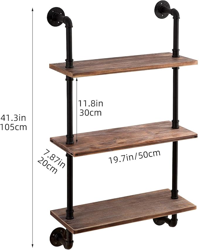 ROGMARS 3-Tier Real Pine Wood Floating Shelf, 20x7.87x41.3in, Industrial Retro Style, Bathroom Wall Shelves, Kitchen Shelves