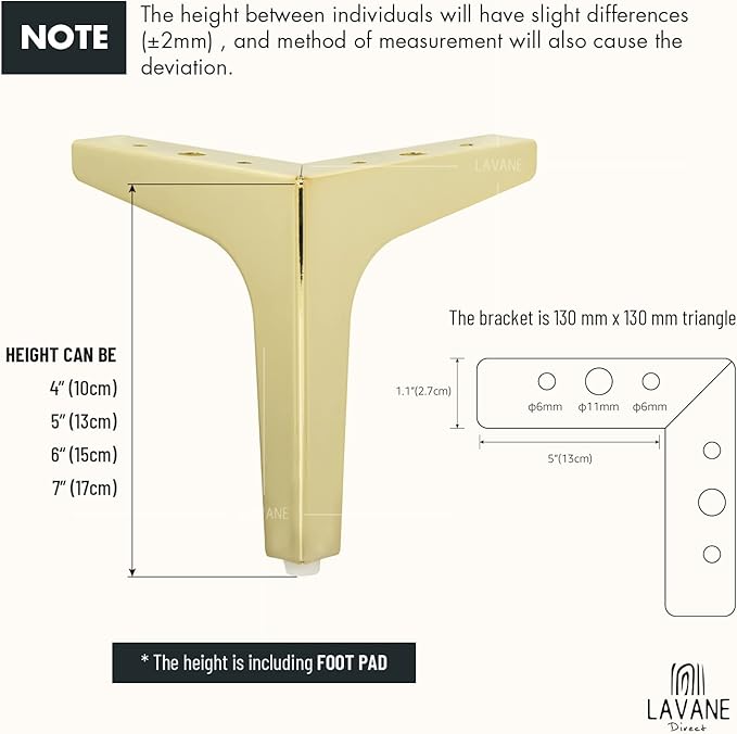 La Vane 7 Inch Metal Furniture Legs, Set of 4 - Modern Diamond Triangle Gold DIY Replacement Feet Corner Legs for Cabinet, Sofa, Sideboard, Couch, Dresser Makeover