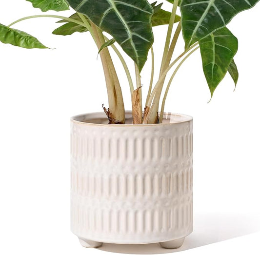 STHIE 5 Inch Ceramic Planters for Indoor Plants, White Cactus Snake Plant Pots with Drainage, Unique Design Round Flower Pot for Home Decoration