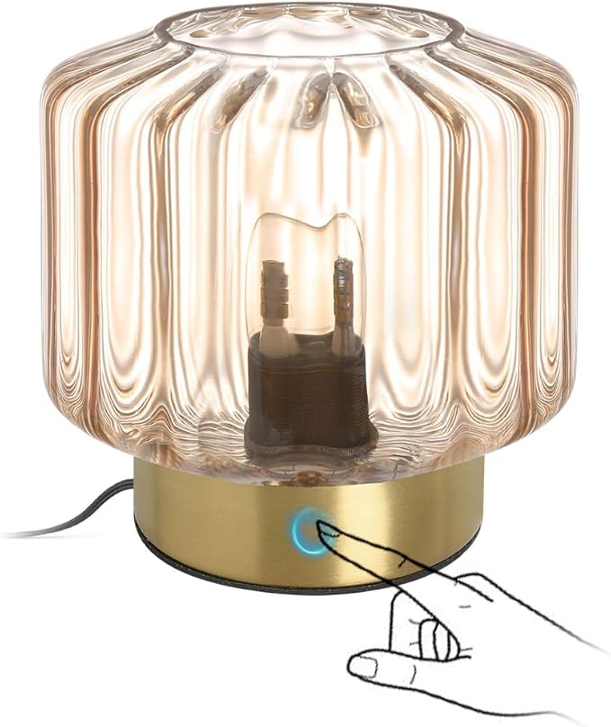 Mid Century Modern Table lamp Small Table Lamps with Touch Switch Amber Glass Table lamp Gold Desk lamp nightstand lamp Bedside Table Lamps for Bedroom Living Room Office
