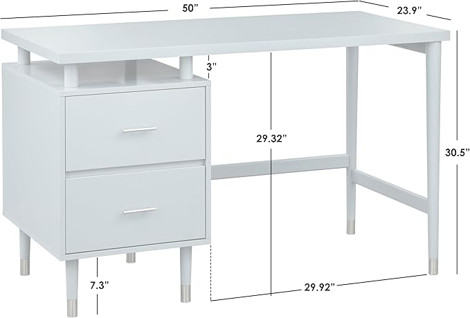 Margo 50" Wide Mid-Century Modern Wood Desk with Drawers, Stylish Elevated Top Design, Solid Pine Wood Tapered Legs, Computer Desk for Home Office & Study, Blue