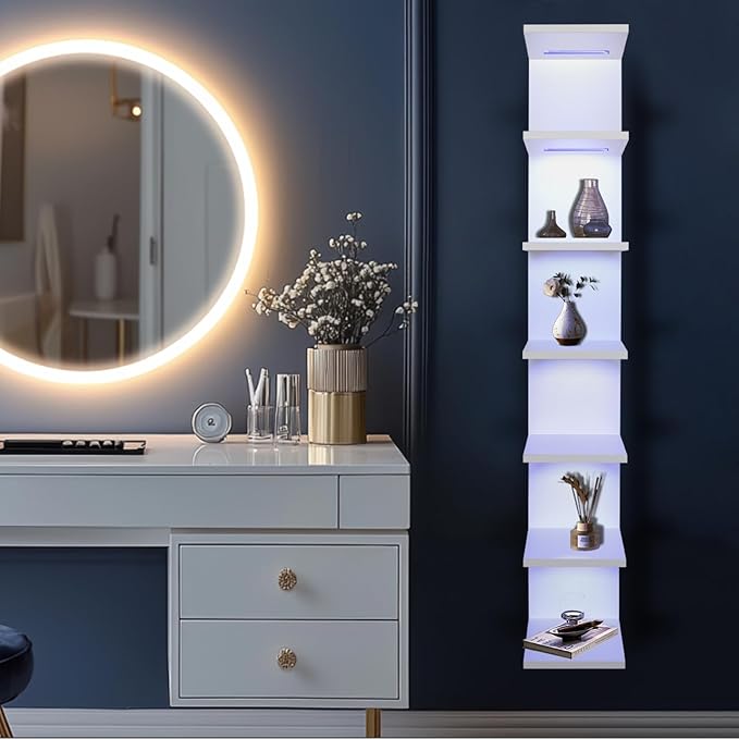 7-Tier Wall Shelf with 10 RGB Lighting Modes, White Wall Mounted Vertical Display Floating Shelf for Home Decor Bedroom Vanity