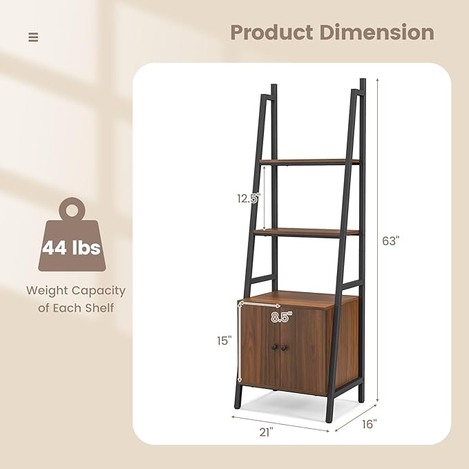 Tangkula 4-Tier Ladder Shelf with Cabinet, 63” Tall Bookshelf, Industrial Bookcase with Metal Frame, Floor Display Shelf Storage Rack for Living Room Study Home Office (2, Rustic Brown)