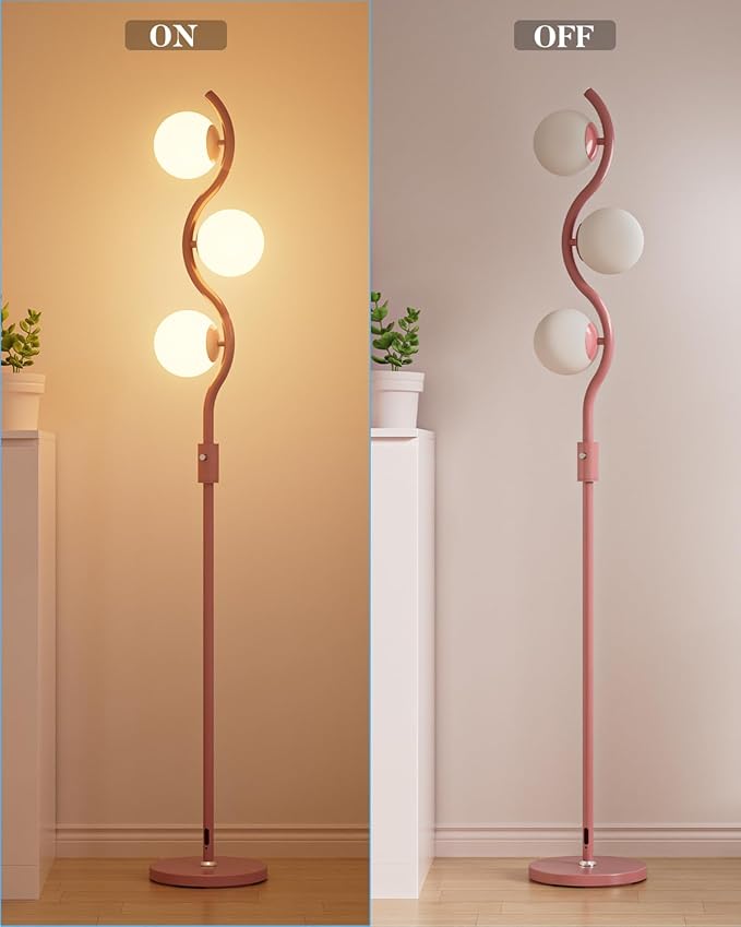 Lightdot 60IN Dimmable Pink Floor Lamp Mid Century Standing Lamps with 3Pcs 3000K Warm White Bulbs Included Dimmable Globe Modern Tall Lamp with Stable Base for Bedroom/Office/Sofa Beside/Corner Decor
