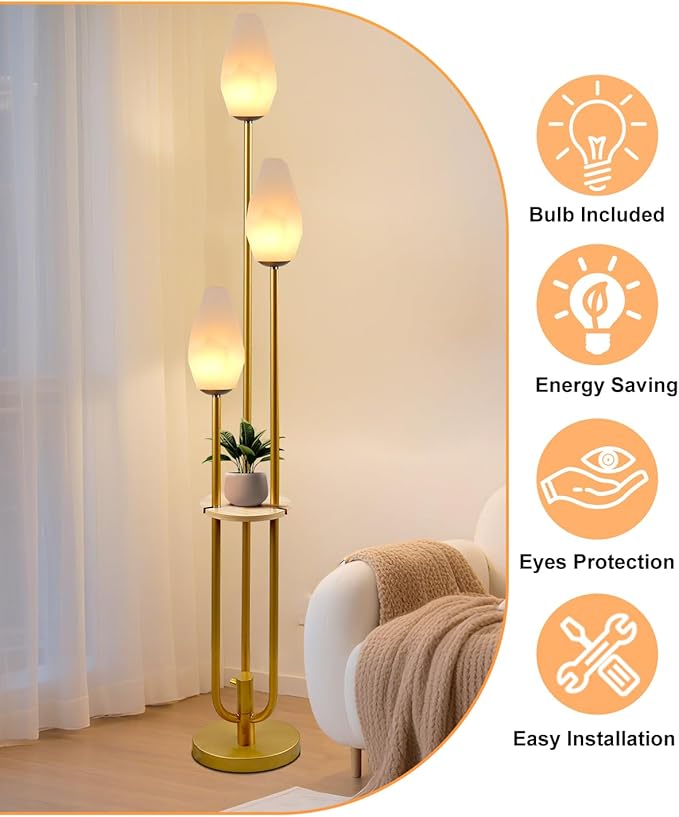 Gold Floor Lamp with Tray, 3-Lights Dimmable Floor Lamps with Rock-Shaped Shade, Unique Candle Holder Style Modern Tall Standing Lamp for Living Room/Party(Bulbs Included)